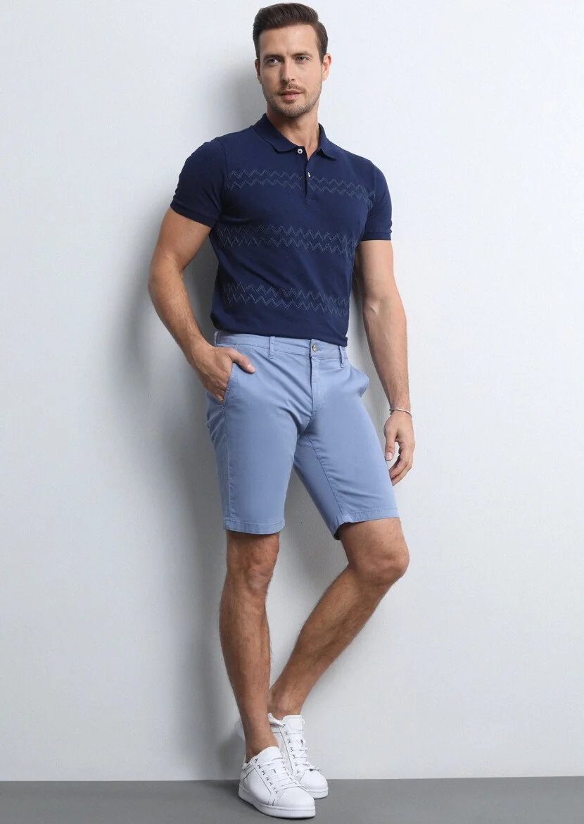 Blue Weaving Regular Fit Casual Cotton Blended Bermuda - 3