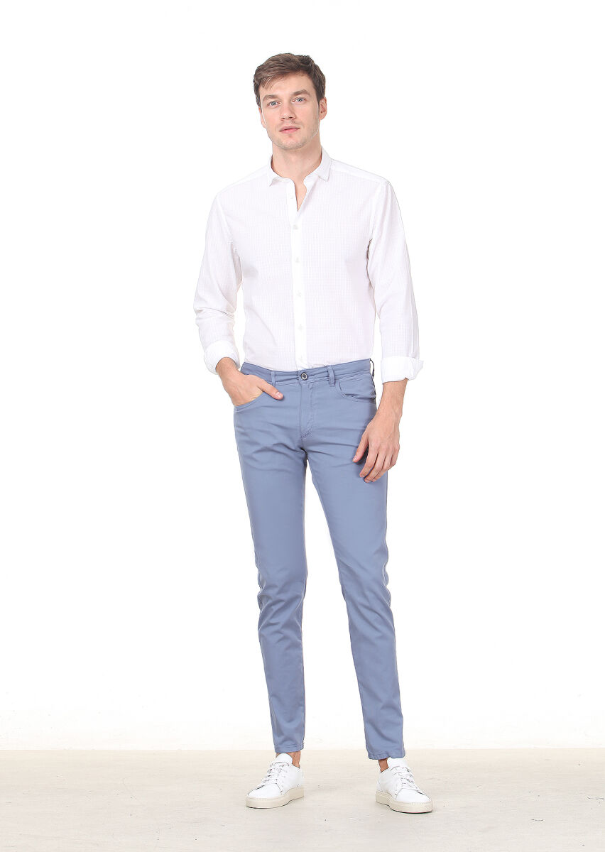 Blue Weaving Regular Fit Casual Cotton Blended Trousers - 1