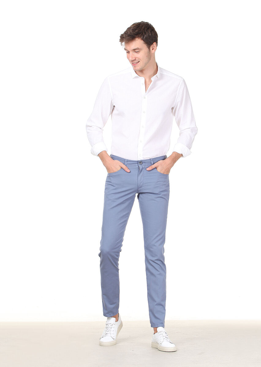 Blue Weaving Regular Fit Casual Cotton Blended Trousers - 2