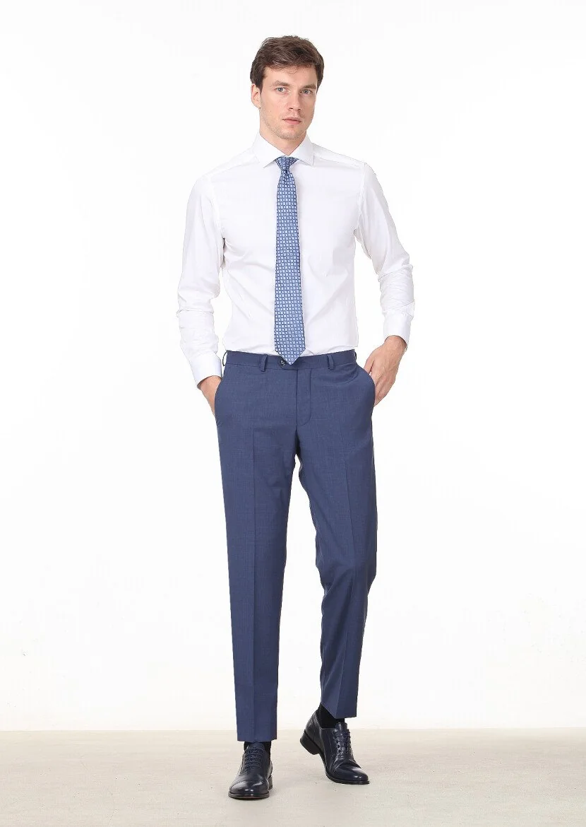 Blue Weaving Regular Fit Classical 100% Wool Trousers 