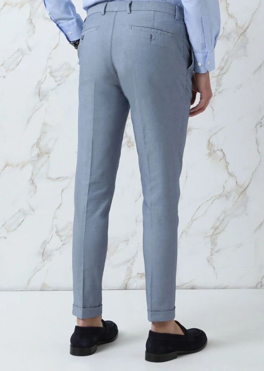 Blue Weaving Regular Fit Smart Casual Cotton Blended Trousers - 5