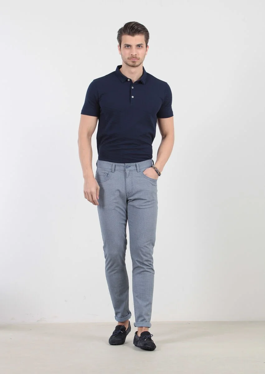 Blue Weaving Slim Fit Casual Cotton Blended Trousers - 1