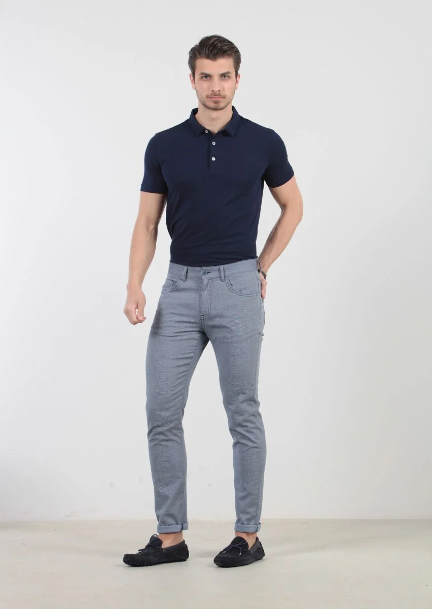 Blue Weaving Slim Fit Casual Cotton Blended Trousers - 2