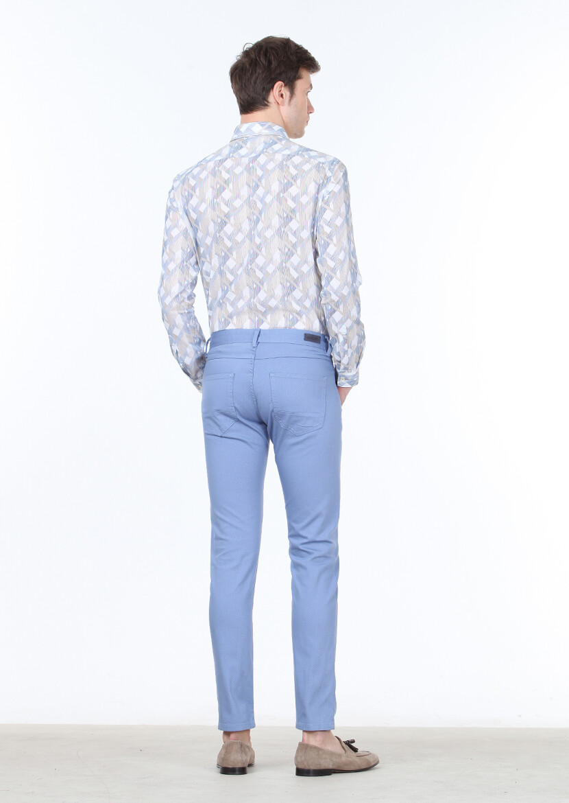 Blue Weaving Slim Fit Casual Cotton Blended Trousers - 4