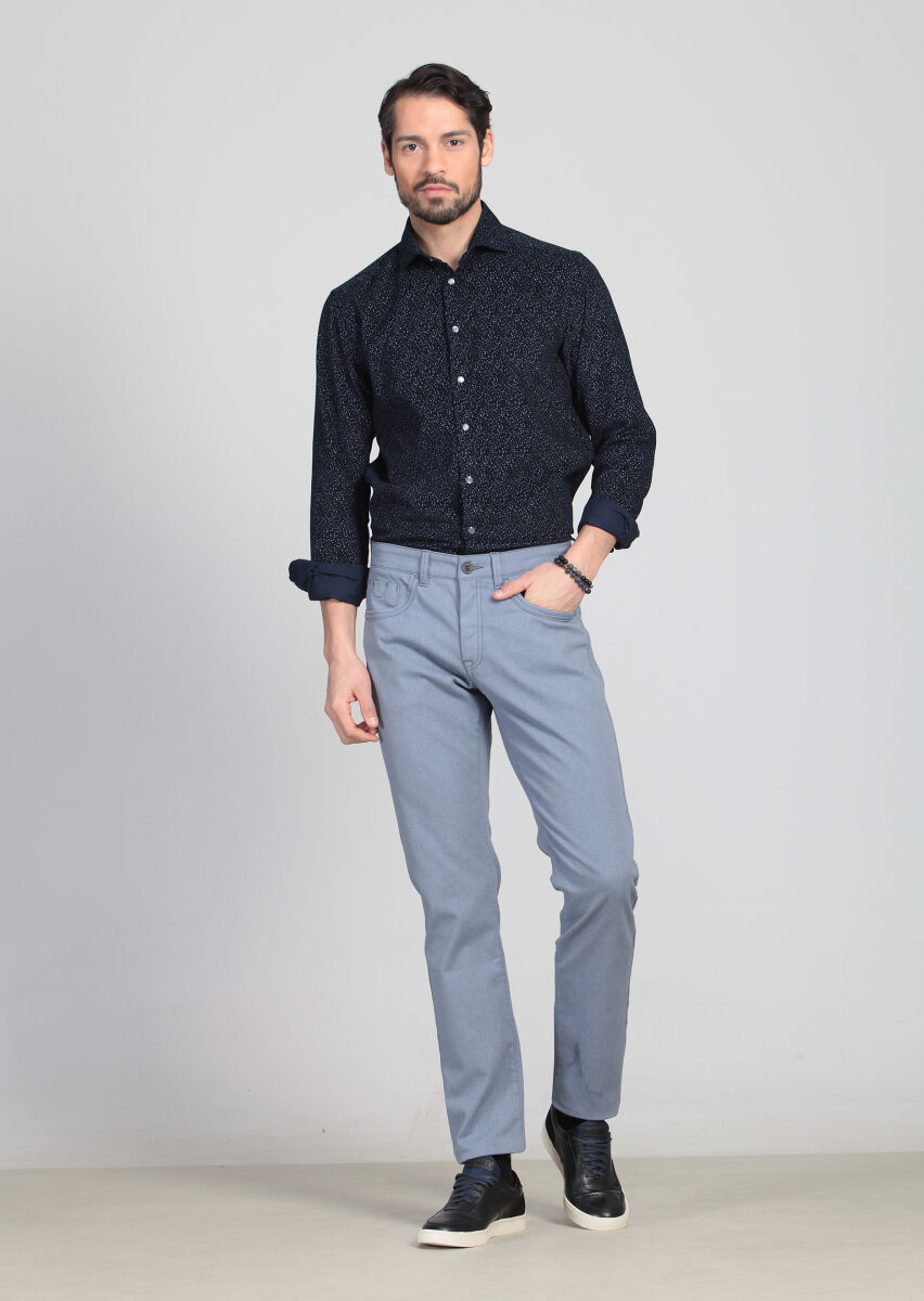 Blue Weaving Slim Fit Casual Cotton Blended Trousers - 1