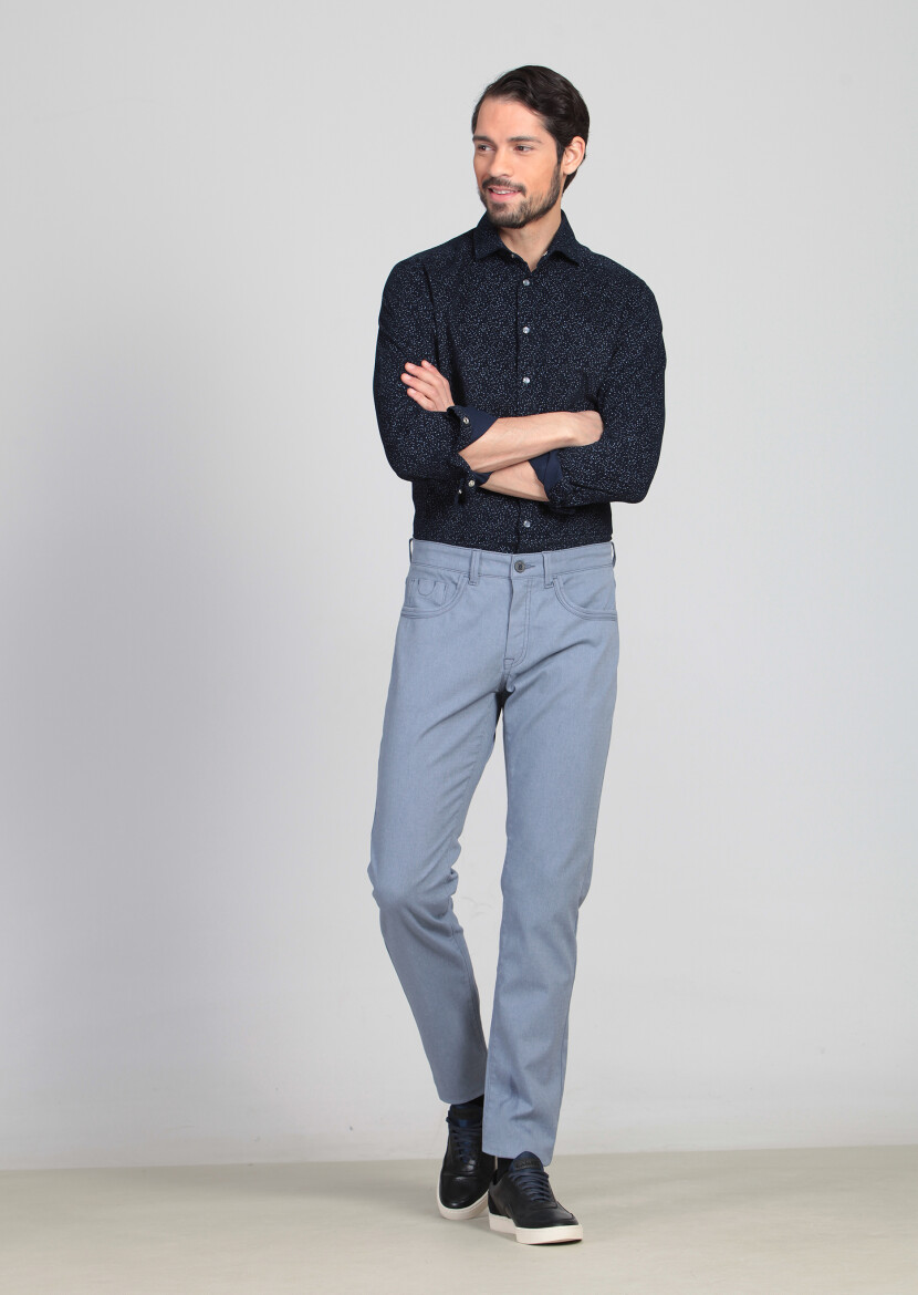 Blue Weaving Slim Fit Casual Cotton Blended Trousers 