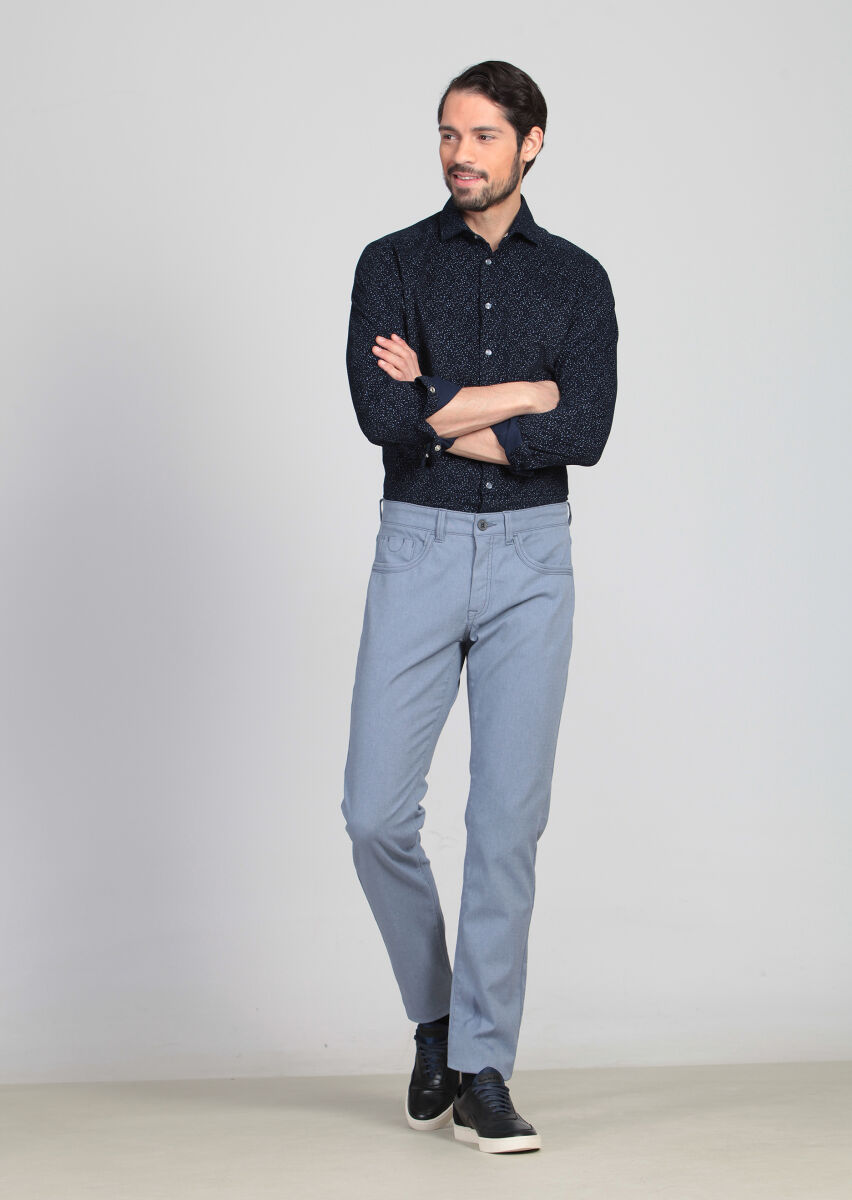 Blue Weaving Slim Fit Casual Cotton Blended Trousers - 2