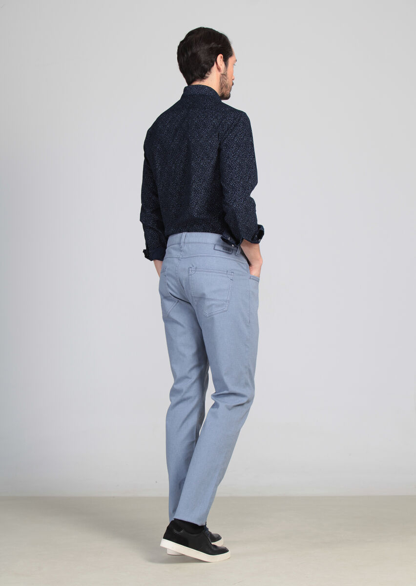 Blue Weaving Slim Fit Casual Cotton Blended Trousers - 5