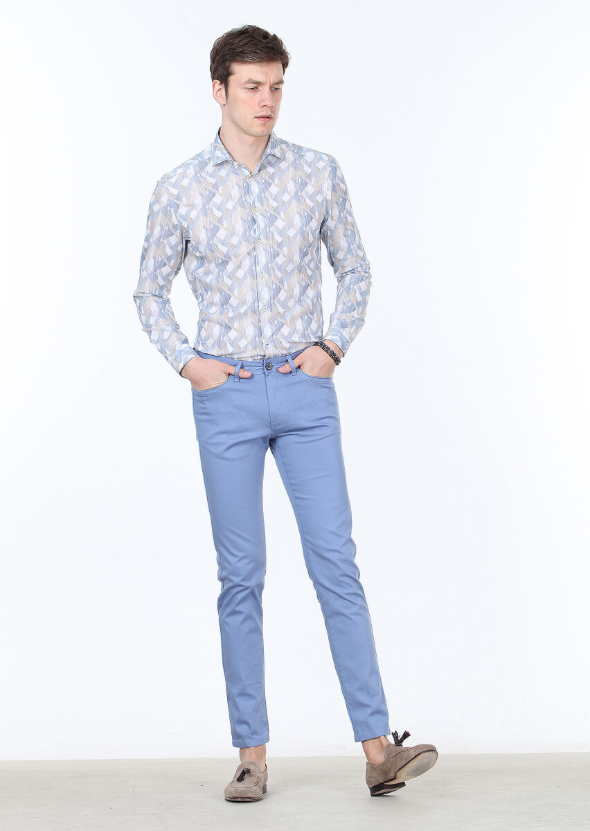 Blue Weaving Slim Fit Casual Cotton Blended Trousers - 2