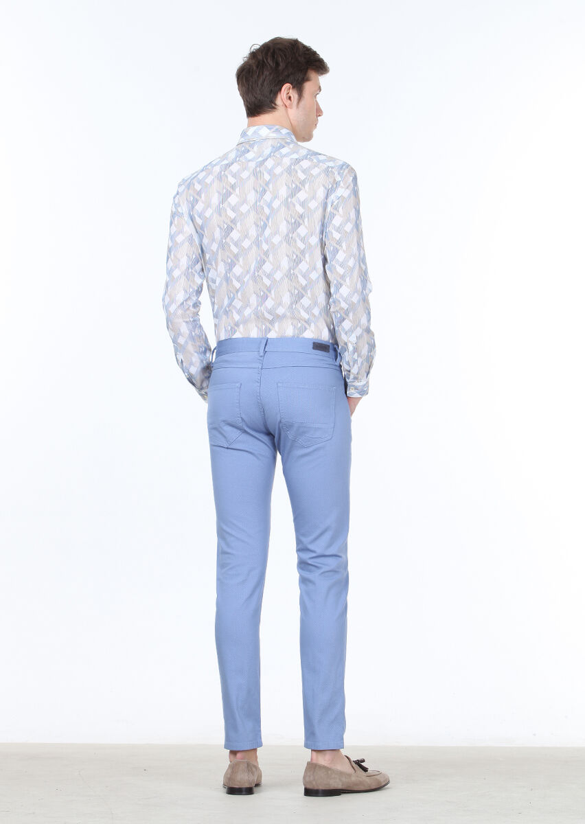 Blue Weaving Slim Fit Casual Cotton Blended Trousers - 4