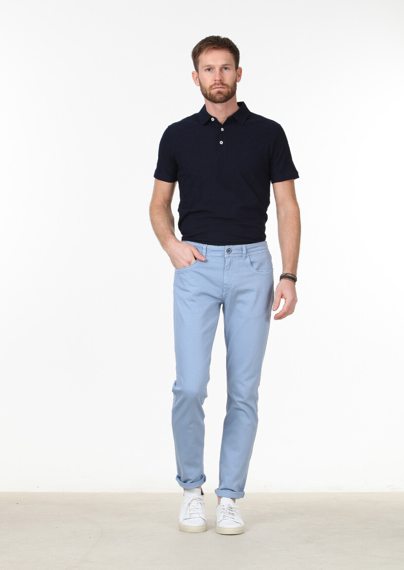 Blue Weaving Slim Fit Casual Cotton Blended Trousers 