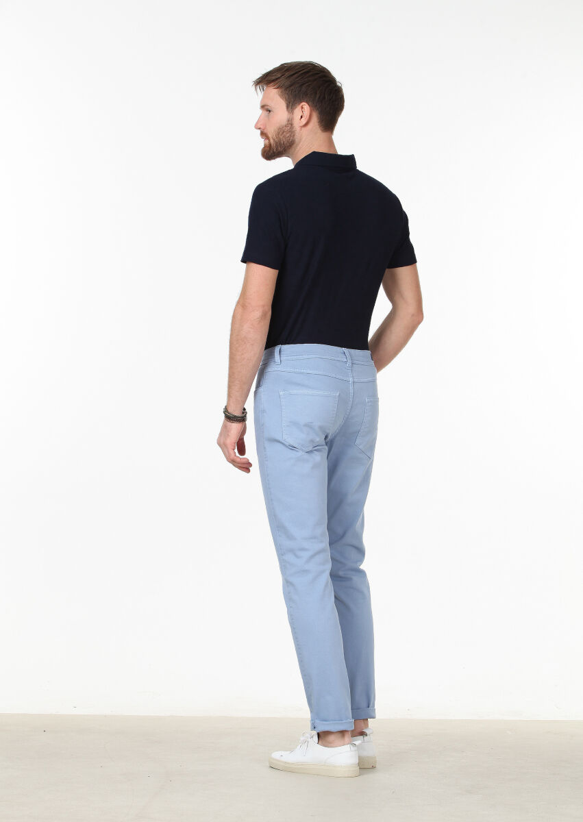 Blue Weaving Slim Fit Casual Cotton Blended Trousers - 4