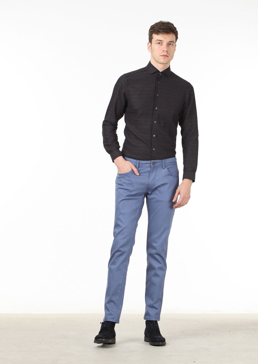 Blue Weaving Slim Fit Casual Cotton Blended Trousers - 1