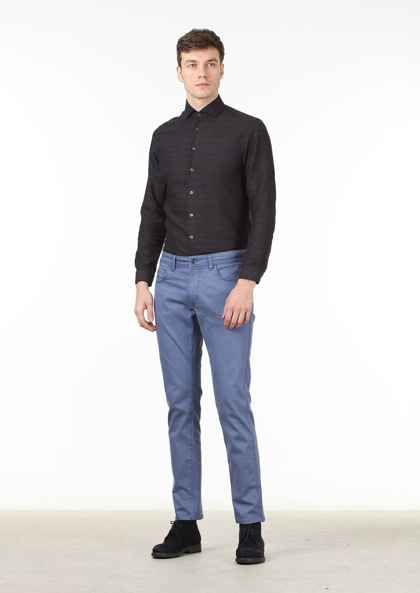 Blue Weaving Slim Fit Casual Cotton Blended Trousers - 2