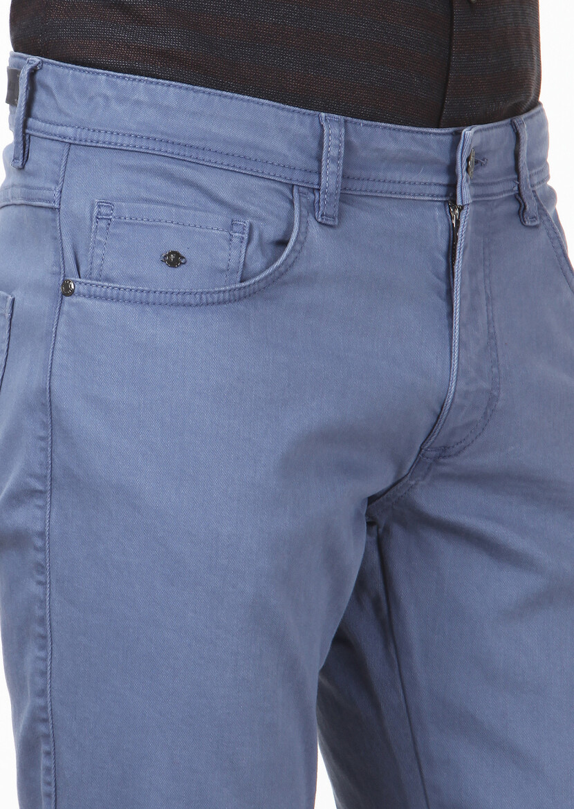 Blue Weaving Slim Fit Casual Cotton Blended Trousers - 3