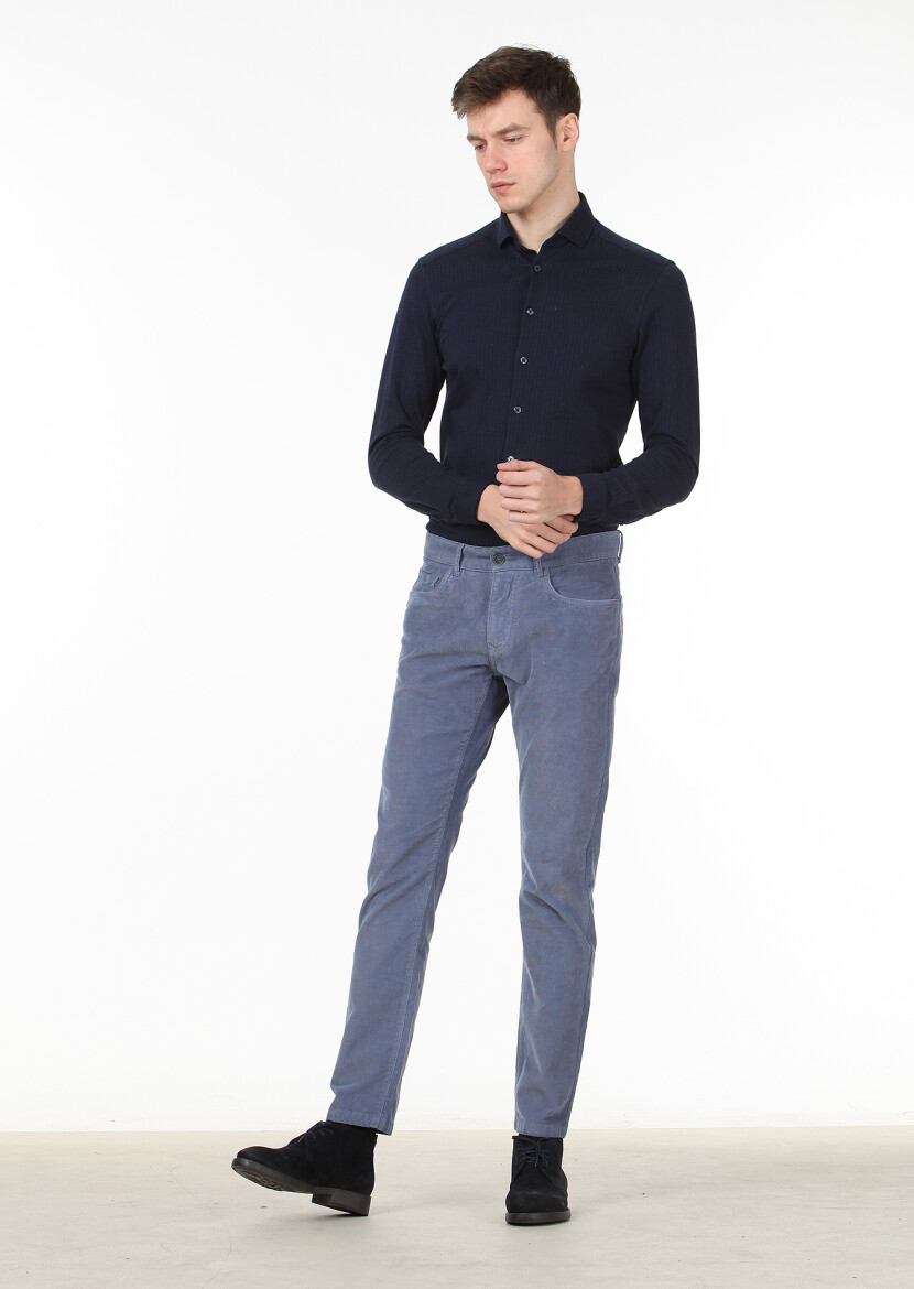 Blue Weaving Slim Fit Casual Cotton Blended Trousers 