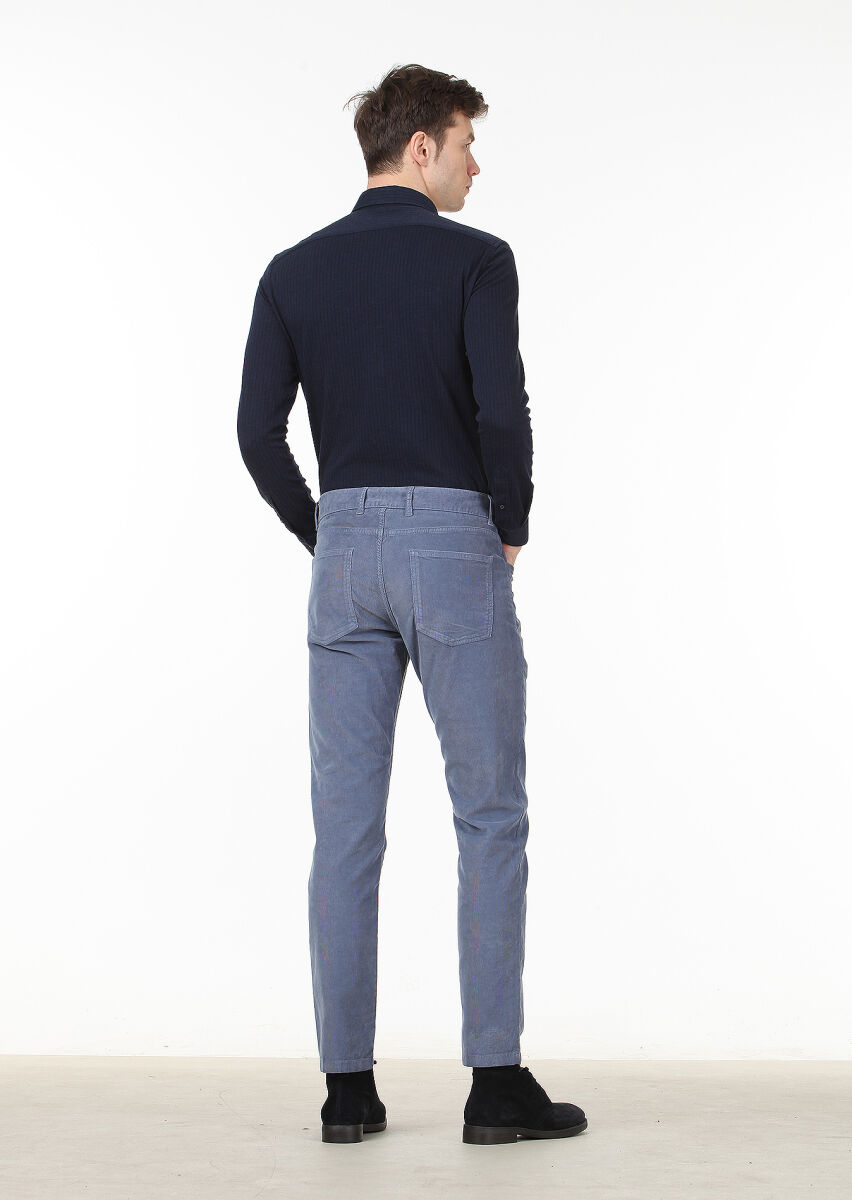 Blue Weaving Slim Fit Casual Cotton Blended Trousers - 4