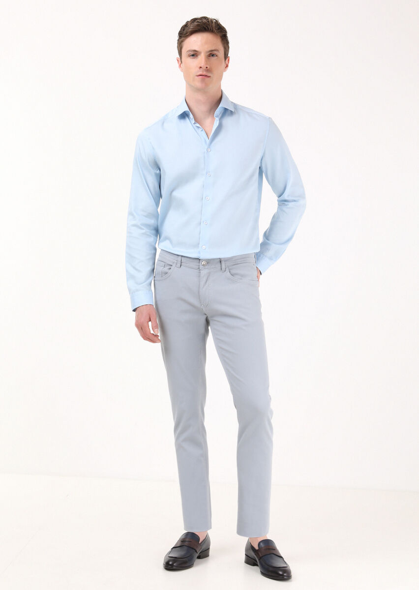 Blue Weaving Slim Fit Casual Cotton Blended Trousers - 1