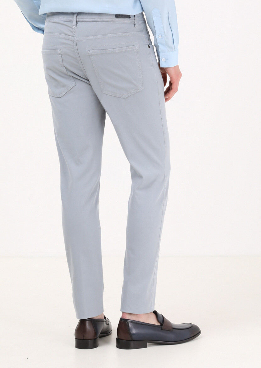 Blue Weaving Slim Fit Casual Cotton Blended Trousers - 4