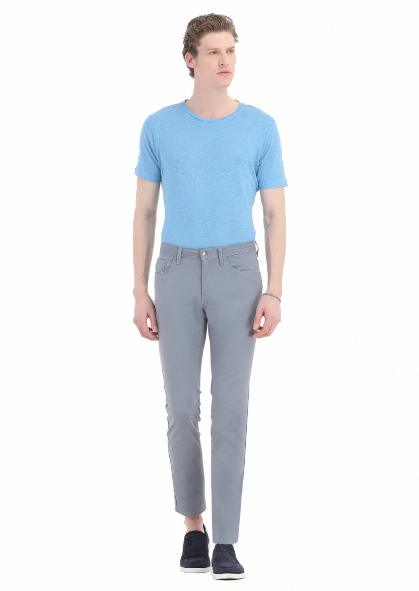 Blue Weaving Slim Fit Casual Cotton Blended Trousers 