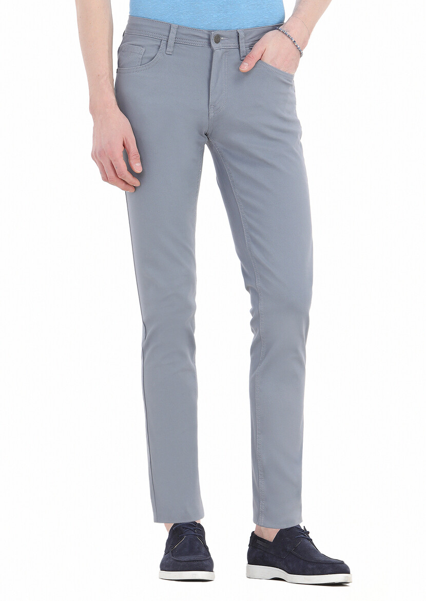 Blue Weaving Slim Fit Casual Cotton Blended Trousers - 2