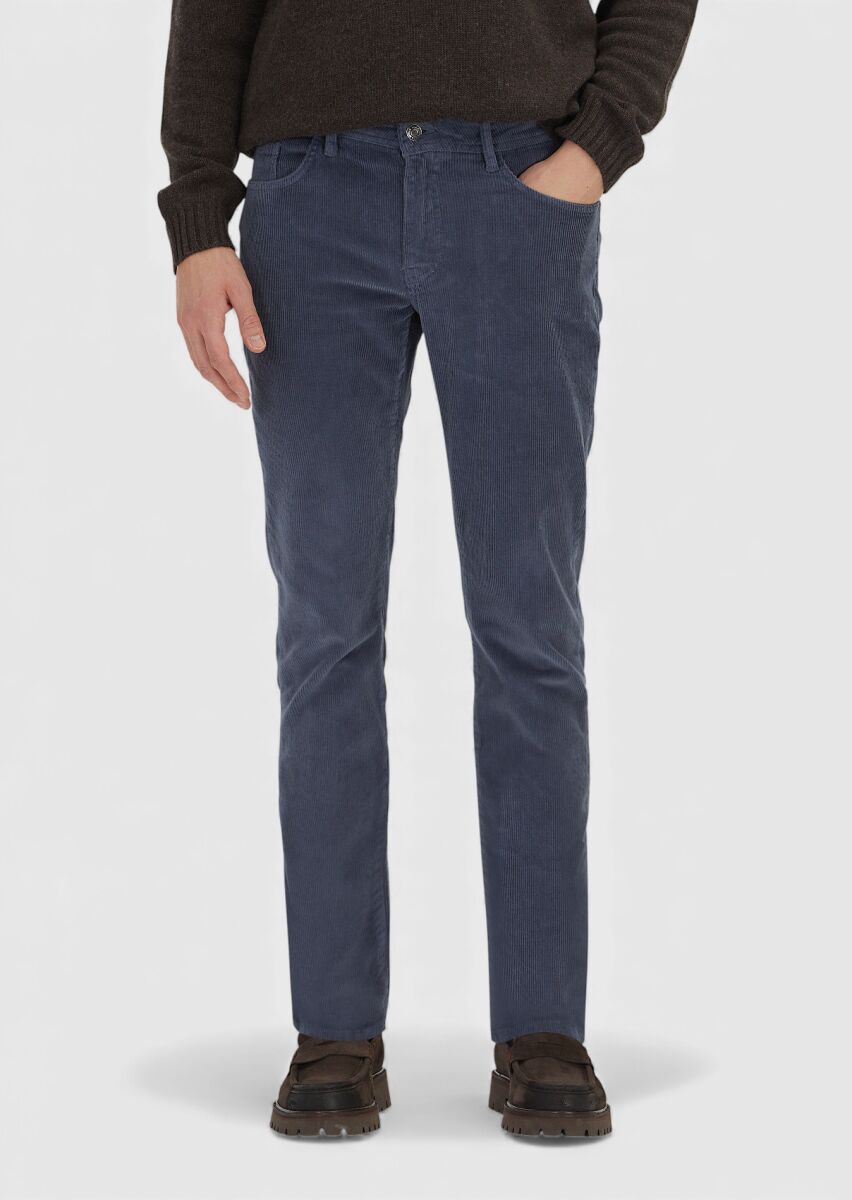 Blue Weaving Slim Fit Casual Cotton Blended Trousers - 2