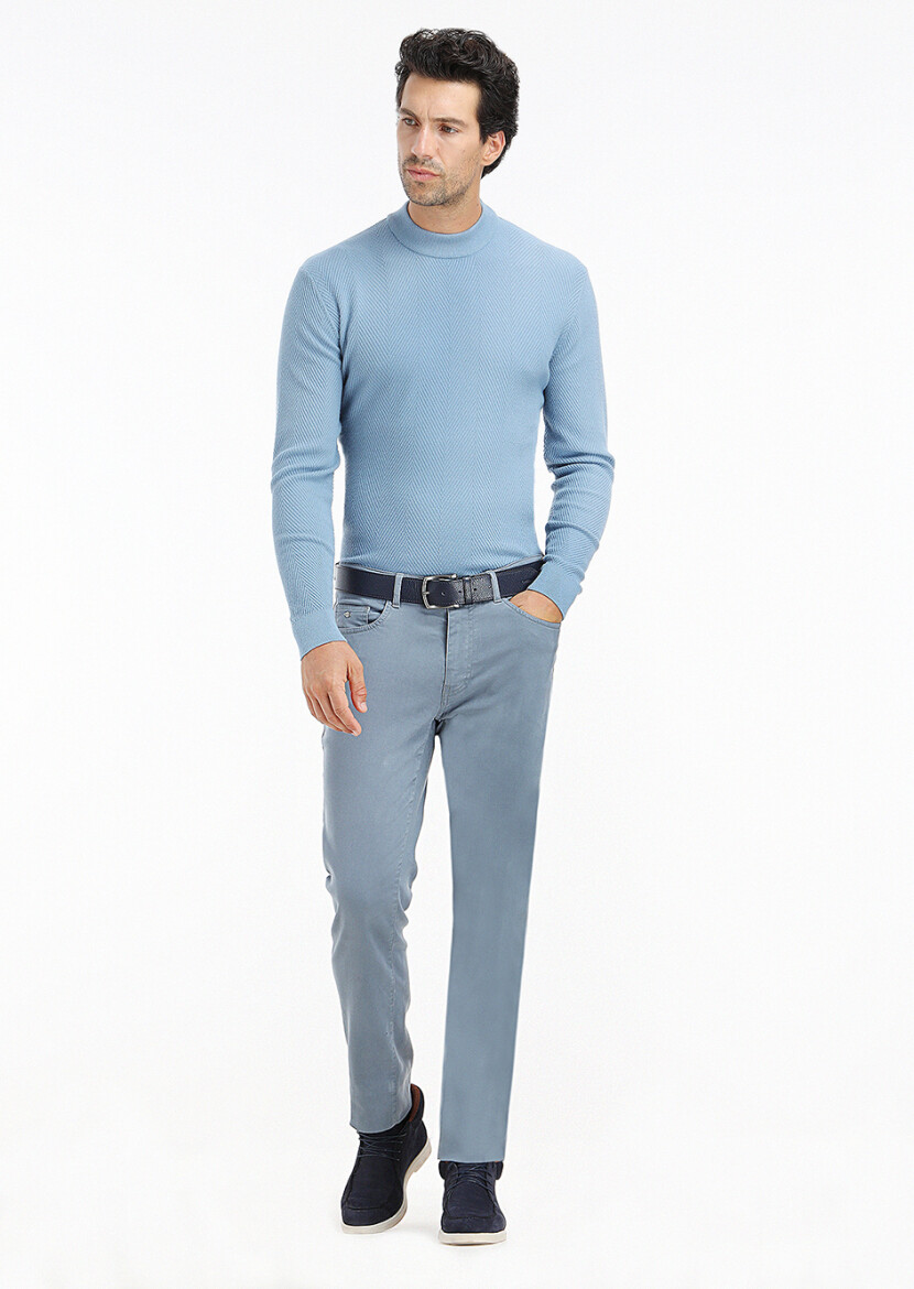 Blue Weaving Slim Fit Casual Trousers - 1