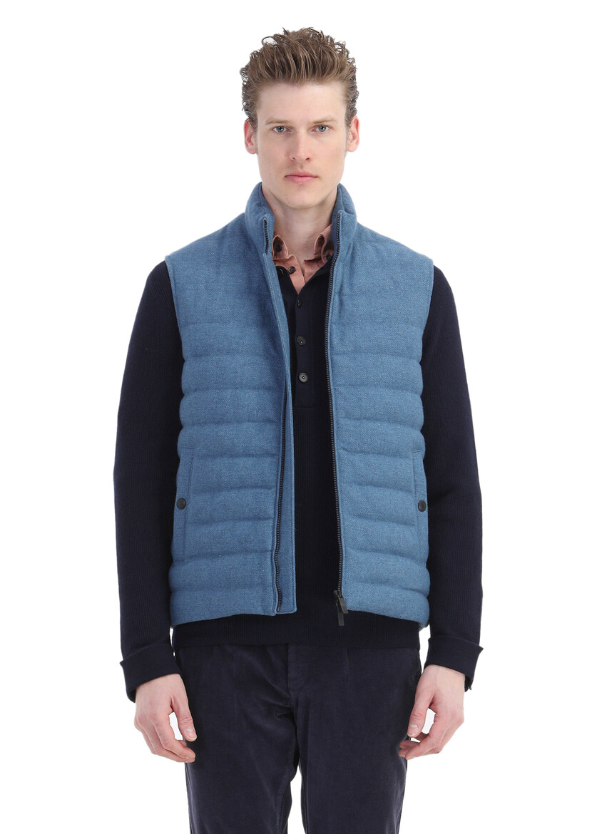 Blue Wool Blended Weaving Puffer Vest 