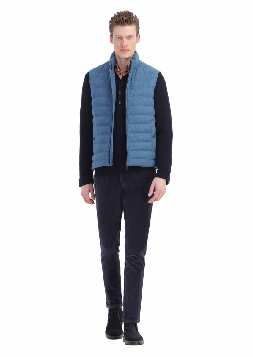 Blue Wool Blended Weaving Puffer Vest - 2