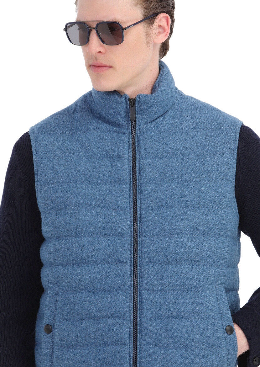 Blue Wool Blended Weaving Puffer Vest - 5