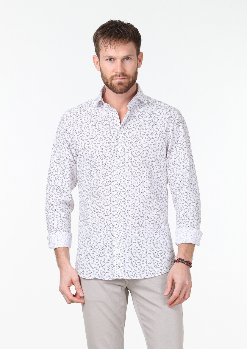 Bordo Baskılı Slim Fit Uzun Dokuma Casual %100 Pamuk Gömlek - 1