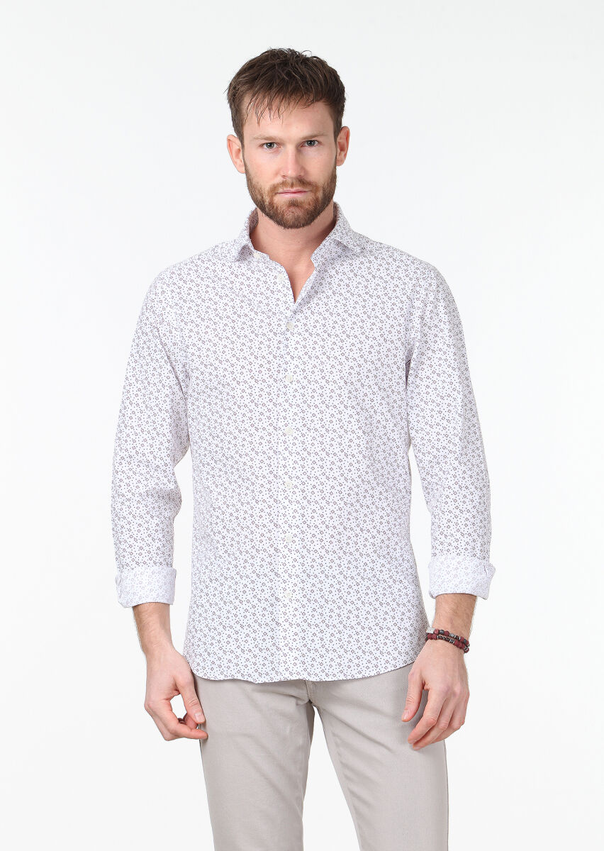 Bordo Baskılı Slim Fit Uzun Dokuma Casual %100 Pamuk Gömlek - 1