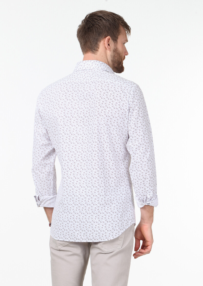 Bordo Baskılı Slim Fit Uzun Dokuma Casual %100 Pamuk Gömlek 