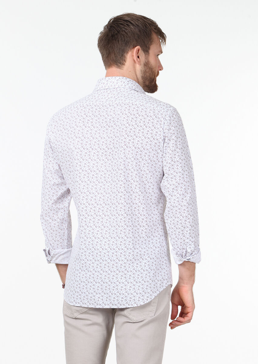 Bordo Baskılı Slim Fit Uzun Dokuma Casual %100 Pamuk Gömlek - 2