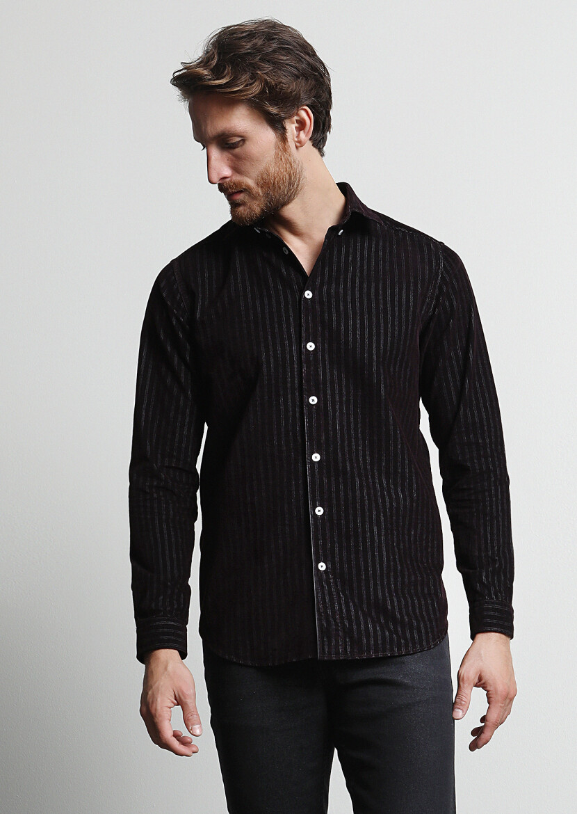 Bordo Çizgili Regular Fit Uzun Dokuma Kadife Casual %100 Pamuk Gömlek - 3
