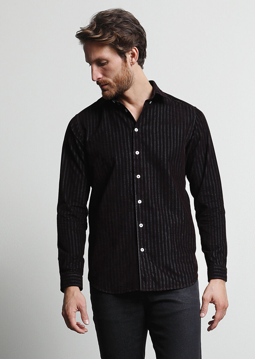 Bordo Çizgili Regular Fit Uzun Dokuma Kadife Casual %100 Pamuk Gömlek - 3
