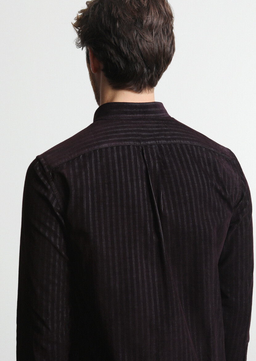 Bordo Çizgili Regular Fit Uzun Dokuma Kadife Casual %100 Pamuk Gömlek - 4