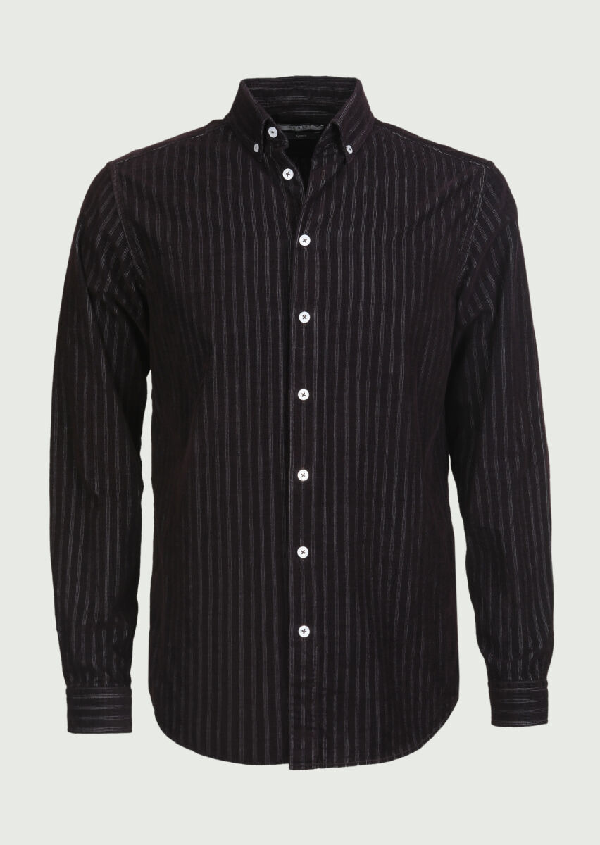 Bordo Çizgili Regular Fit Uzun Dokuma Kadife Casual %100 Pamuk Gömlek - 5
