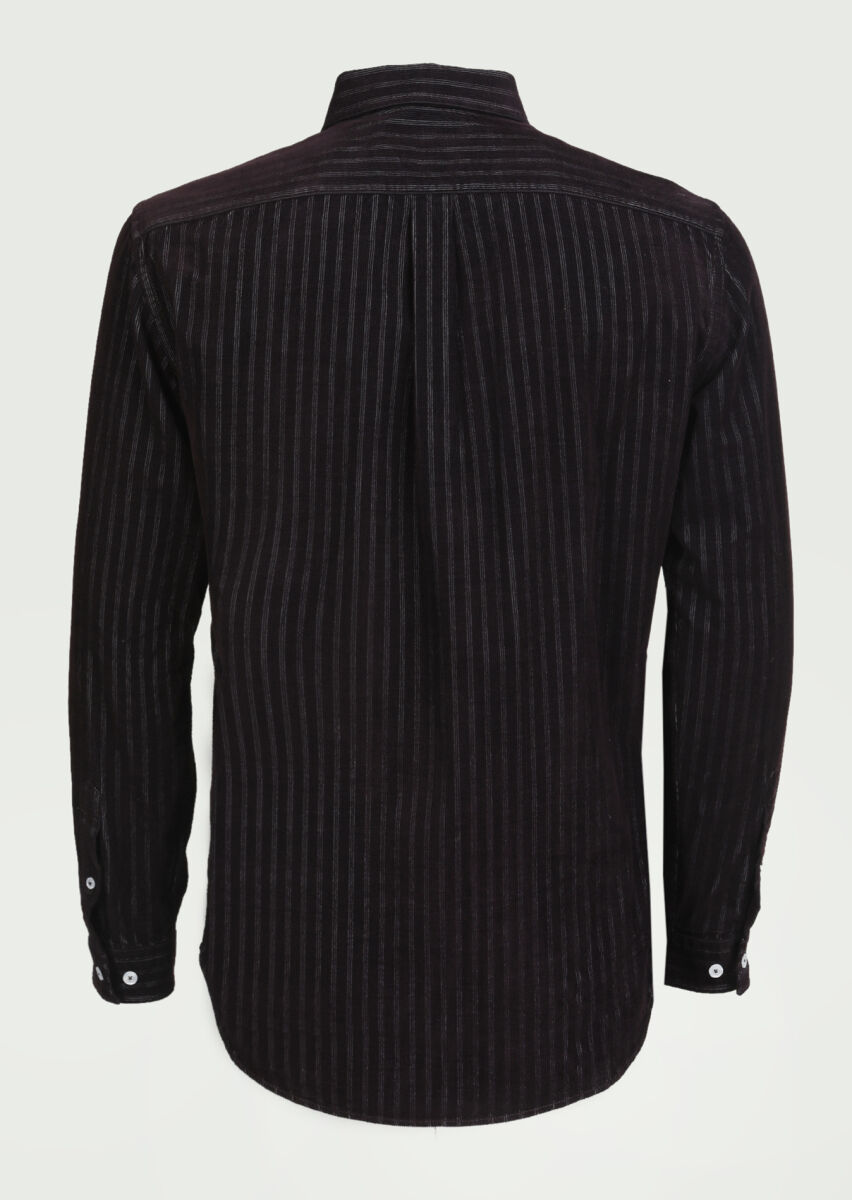 Bordo Çizgili Regular Fit Uzun Dokuma Kadife Casual %100 Pamuk Gömlek - 6