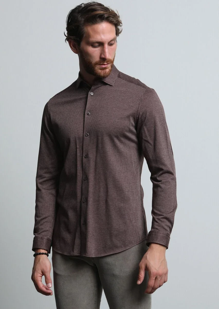Bordo Çizgili Slim Fit Casual %100 Pamuk Gömlek - 1