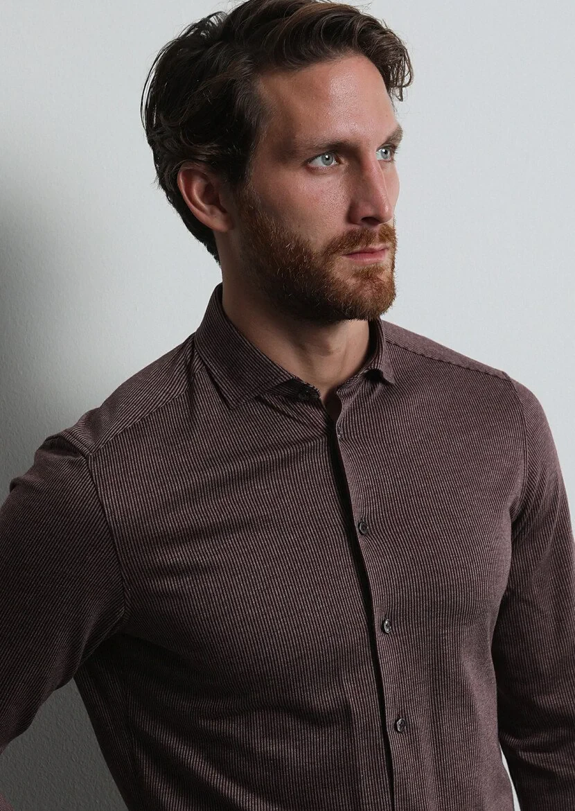 Bordo Çizgili Slim Fit Casual %100 Pamuk Gömlek - 4