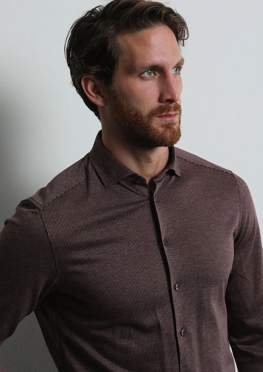 Bordo Çizgili Slim Fit Casual %100 Pamuk Gömlek - 4