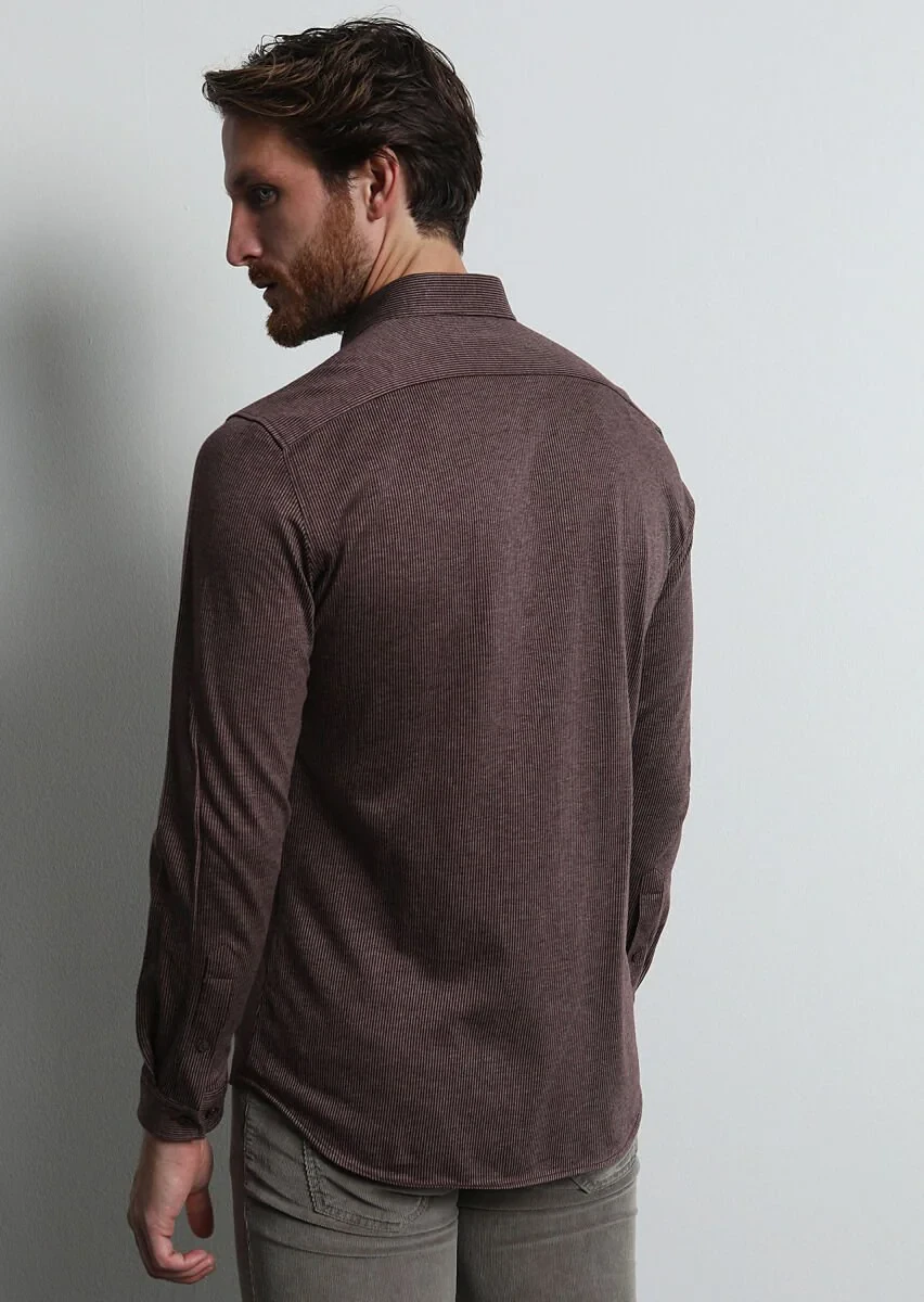 Bordo Çizgili Slim Fit Casual %100 Pamuk Gömlek - 5