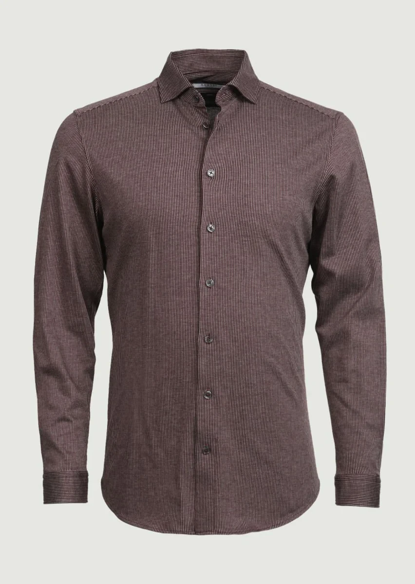 Bordo Çizgili Slim Fit Casual %100 Pamuk Gömlek - 6