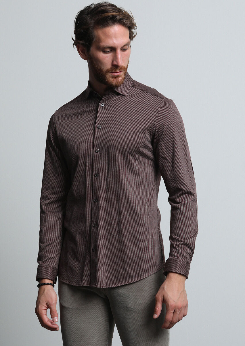 Bordo Çizgili Slim Fit Uzun Casual %100 Pamuk Gömlek - 1