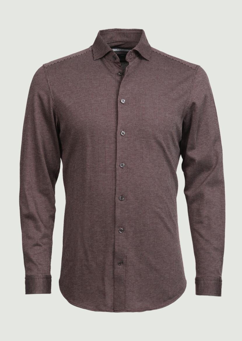 Bordo Çizgili Slim Fit Uzun Casual %100 Pamuk Gömlek - 3