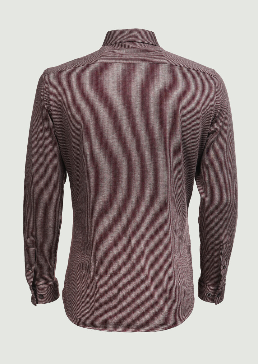 Bordo Çizgili Slim Fit Uzun Casual %100 Pamuk Gömlek - 4