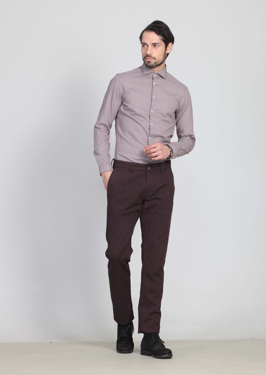 Bordo Desenli Dokuma Regular Fit Casual Pamuk Karışımlı Pantolon - 2