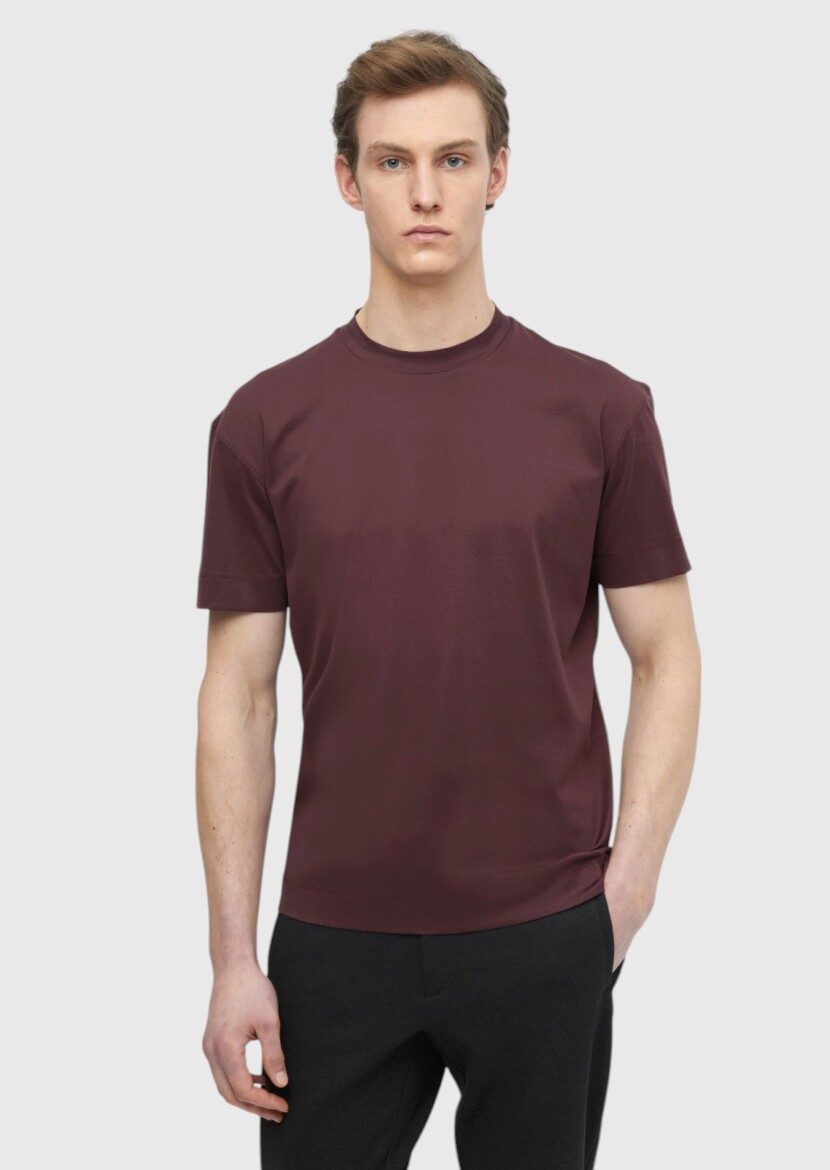 Bordo Düz Bisiklet Yaka %100 Pamuk T-Shirt 