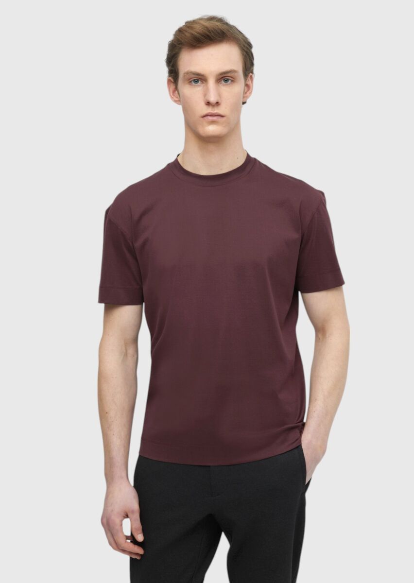 Bordo Düz Bisiklet Yaka %100 Pamuk T-Shirt - 1